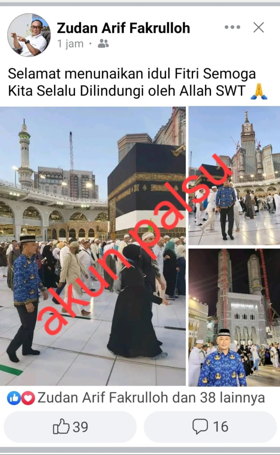 Masyarakat Diminta Waspada, Kembali Ditemukan Akun FB Palsu Atas Namakan Zudan Arif Fakrulloh 