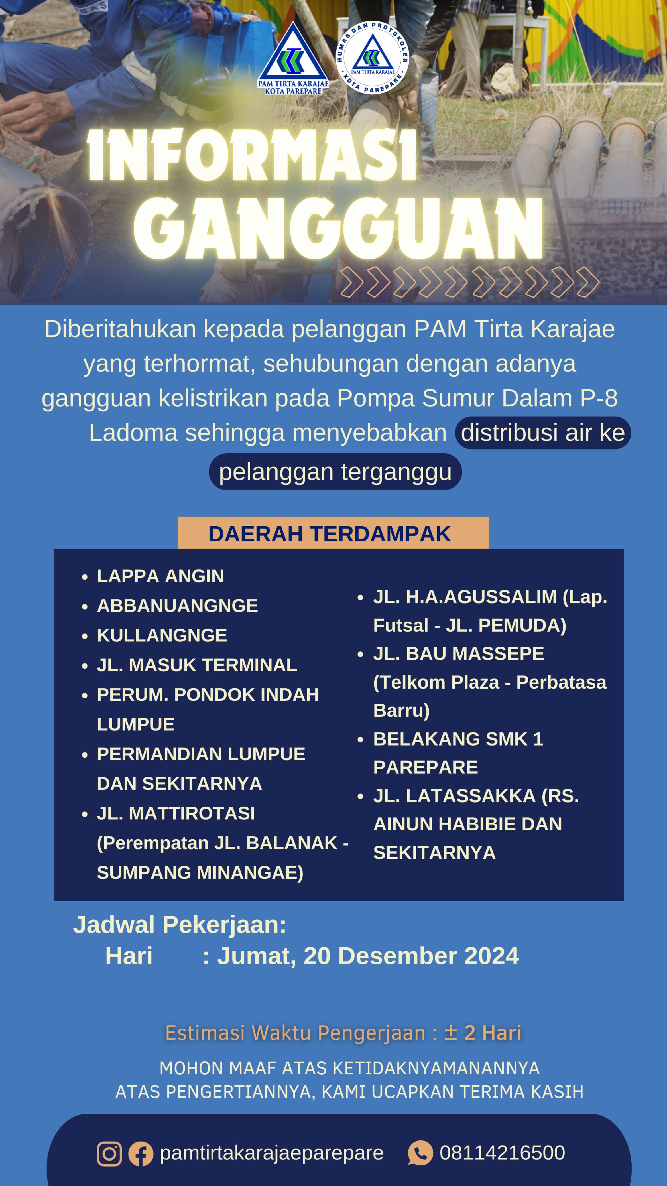 PAM Tirta Karajae Umumkan Gangguan Distribusi Air Imbas Masalah Kelistrikan di Pompa Sumur Dalam P-8 Ladoma