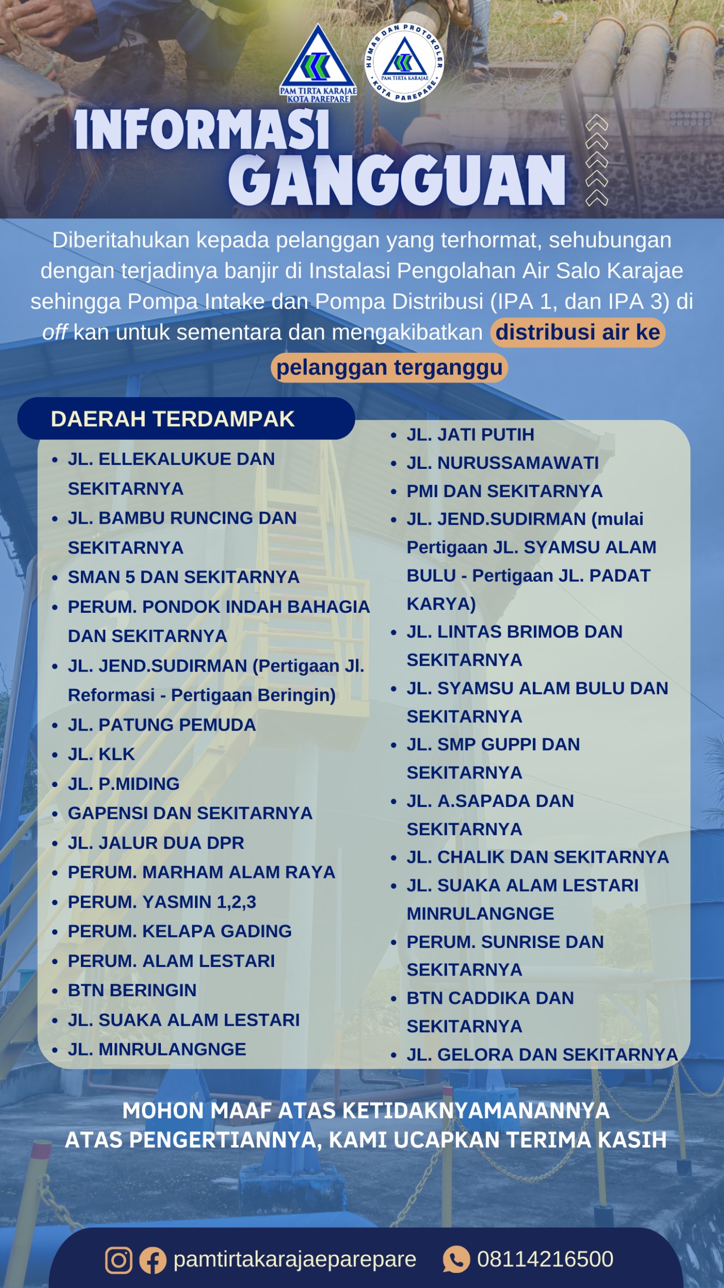 PAM Tirta Karajae Umumkan Gangguan Distribusi Air Akibat Banjir IPA 1-5 Di-off Sementara