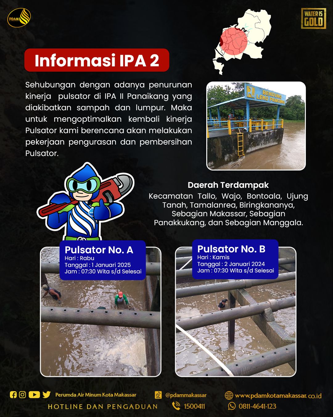 Dua Hari Berturut-turut PDAM Makassar Lakukan Pengurasan dan Pembersihan Pulsator di IPA II Panaikang