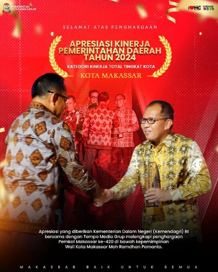 Danny Pomanto Terima Penghargaan Apresiasi Kinerja Pemerintah Daerah 2024 dari Kemendagri dan Tempo