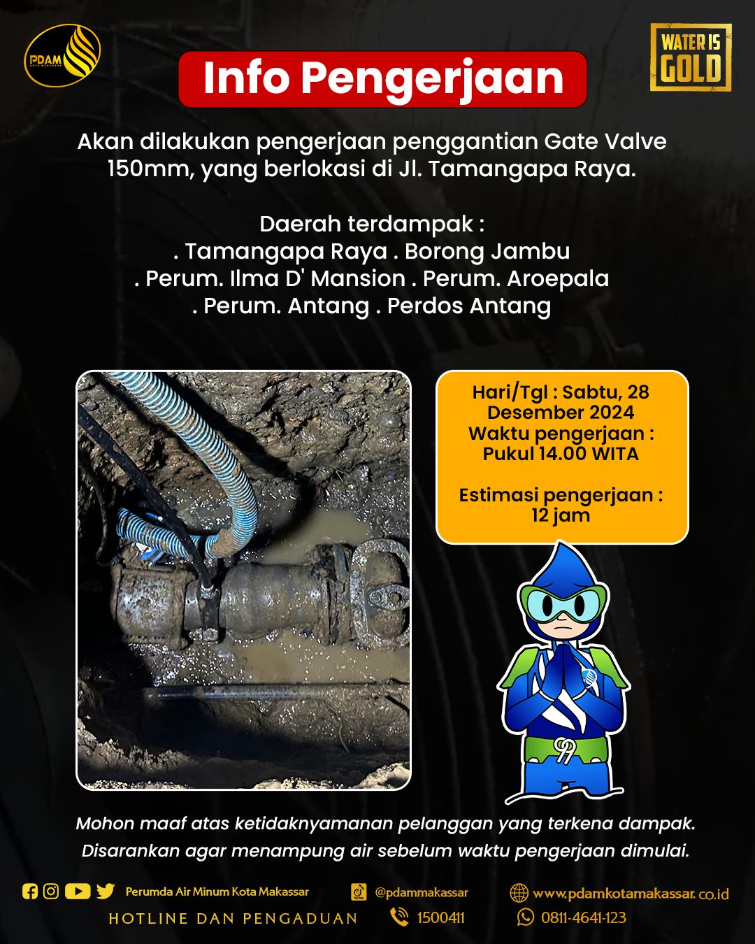 Lakukan Penggantian Gate Valve 150mm di Tamangapa Raya, PDAM Makassar Sampaikan Permohonan Maaf ke Pelanggan Terdampak