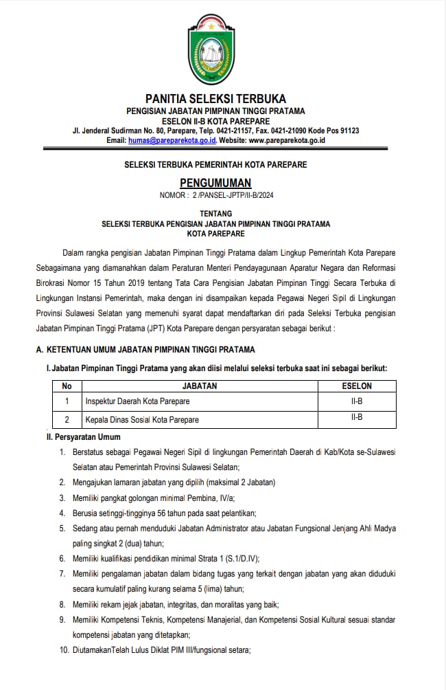Pemkot Parepare Seleksi Terbuka Pengisian Inspektur Daerah dan Kepala Dinas Sosial