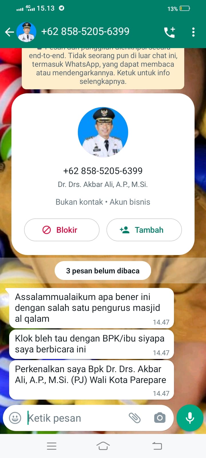 Waspada, Jangan Tanggapi Pesan Catut Nama Pj Wali Kota Parepare Akbar Ali Berdalih Bantuan untuk Masjid 