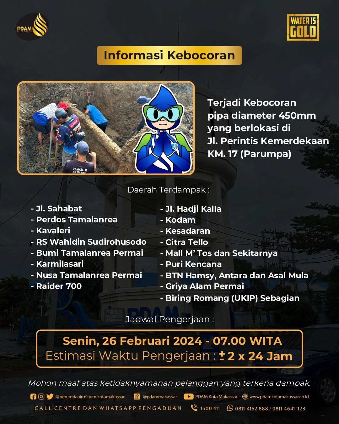 Terjadi Kebocoran Pipa di Jalan Perintis KM 17, PDAM Makassar Lakukan Perbaikan 2 Kali 24 Jam