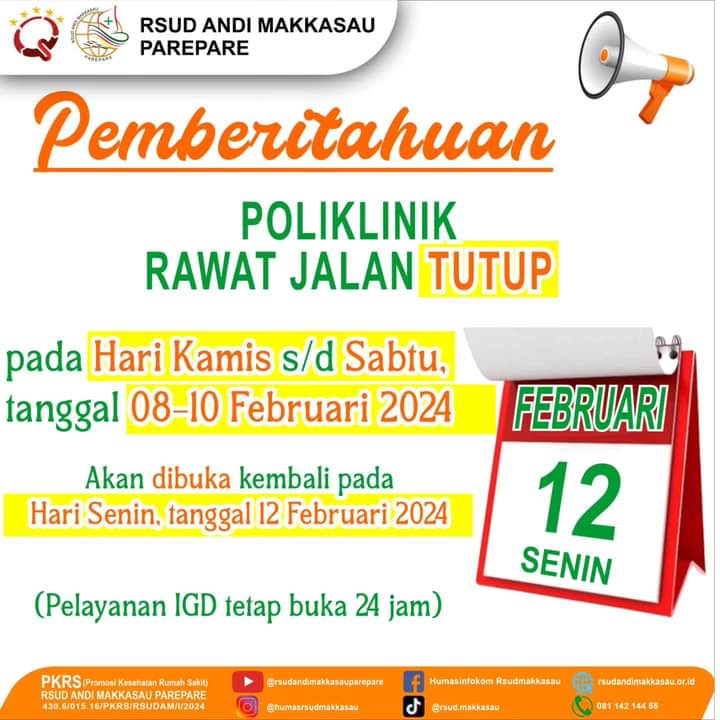 RSUD Andi Makkasau Umumkan Poli Rawat Jalan Tutup 8-10 Februari, Buka Kembali 12 Februari