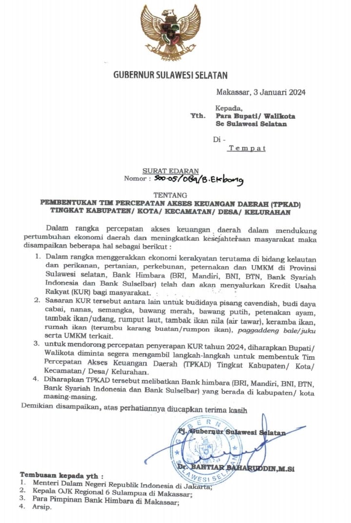 Pj Gubernur Sulsel Keluarkan Surat Edaran Pembentukan TPAKD Hingga Tingkat Desa dan Kelurahan