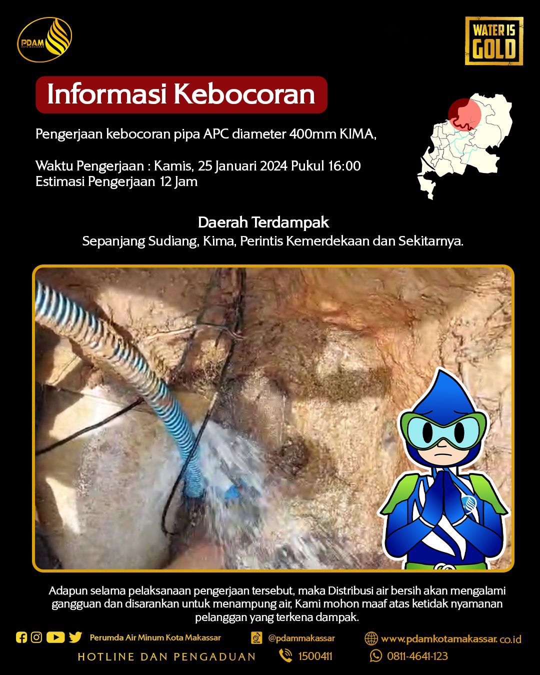 Ada Kebocoran Pipa APC di KIMA, PDAM Makassar Estimasikan Pengerjaan 12 Jam