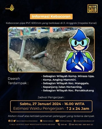 Terjadi Kebocoran Pipa di Inspeksi Kanal, Minasa Upa, Hertasning hingga Panakukang Terdampak