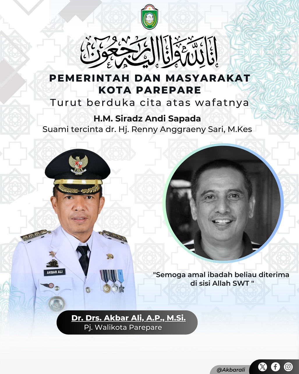 Pj Wali Kota Akbar Ali Berduka Eks Wakil Ketua DPRD Parepare Siradz Andi Sapada Berpulang