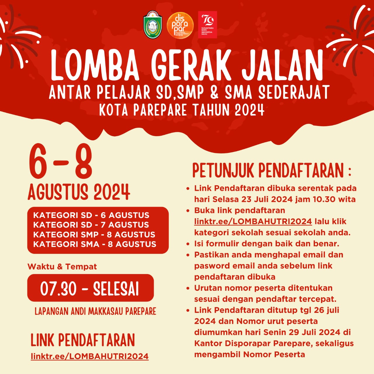 Semarak HUT ke-79 Kemerdekaan di Parepare, Lomba Gerak Jalan SD, SMP, SMA Pagi Hari 6-8 Agustus 