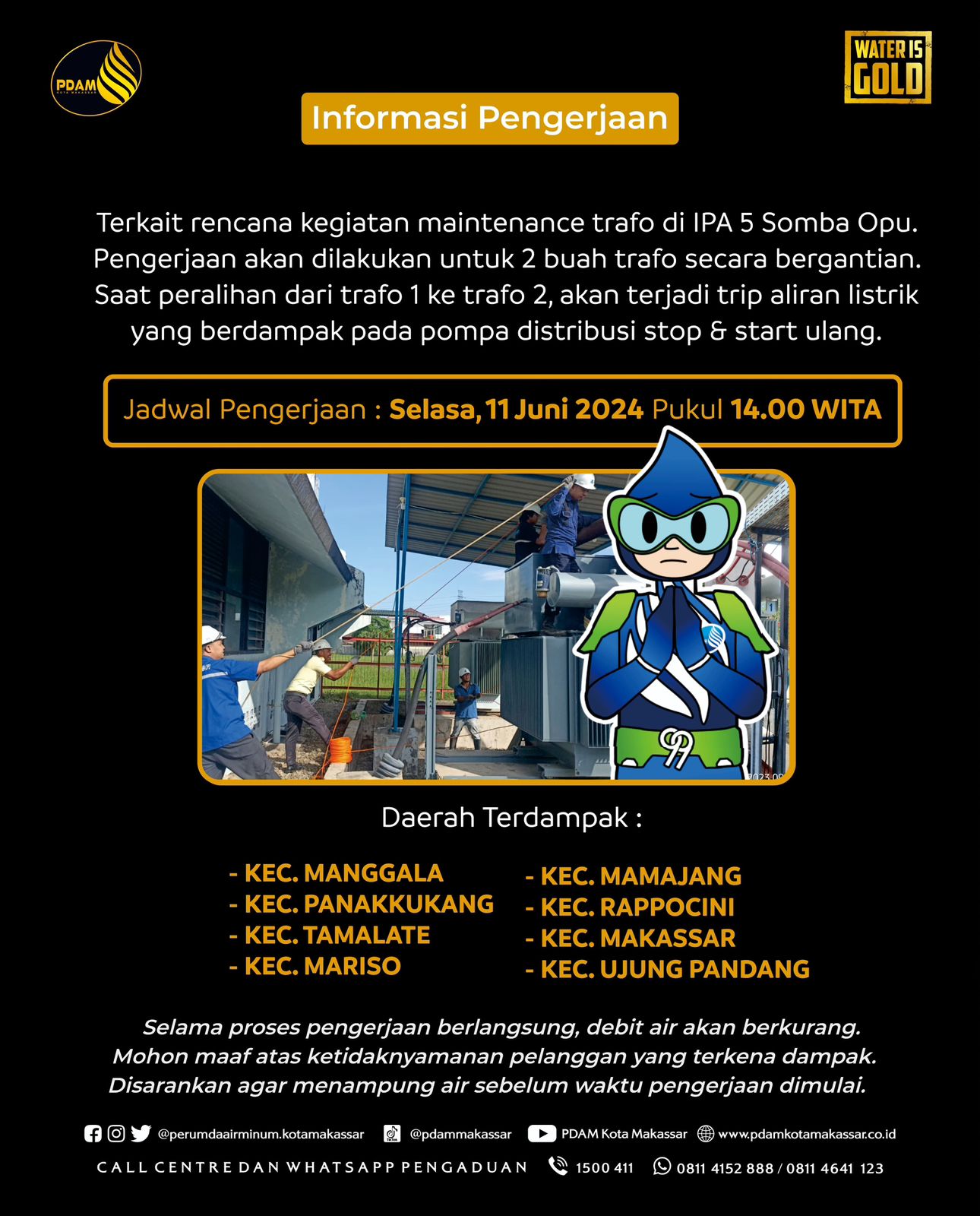 PDAM Makassar Akan Lakukan Pengerjaan untuk Maintenance Trafo di IPA 5 Somba Opu, Delapan Kecamatan Terdampak