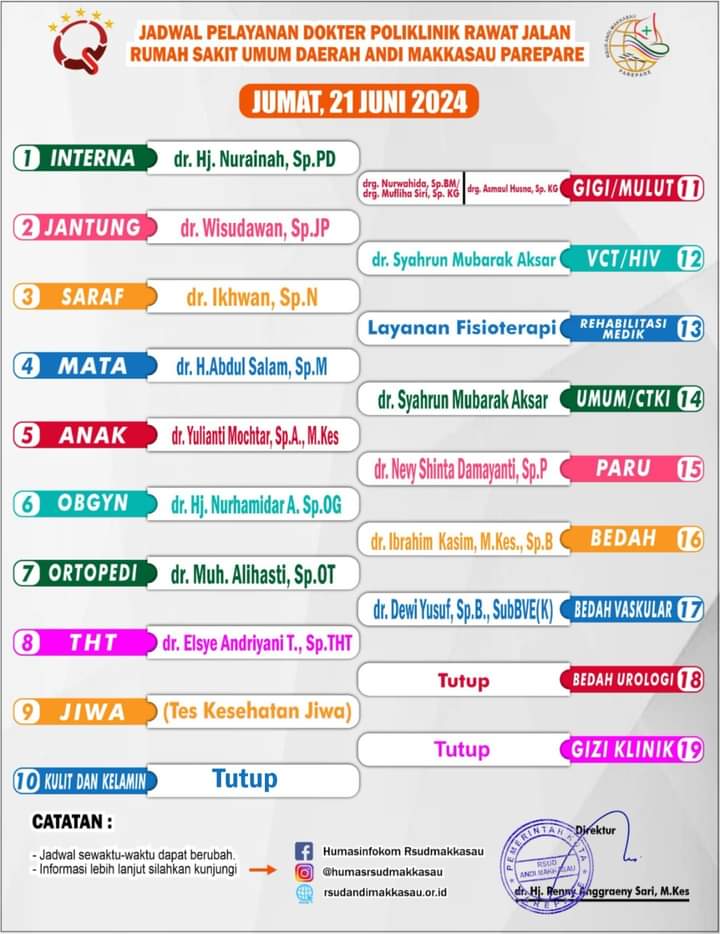 RSUD Andi Makkasau Informasikan Jadwal Pelayanan Poliklinik Rawat Jalan Terbaru per 21 Juni