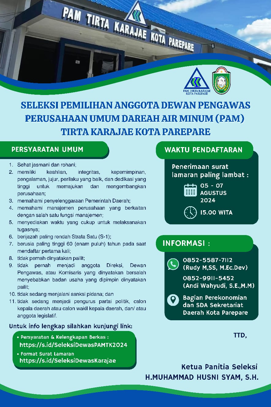 Pemkot Parepare Buka Seleksi Pemilihan Anggota Dewan Pengawas PAM Tirta Karajae 