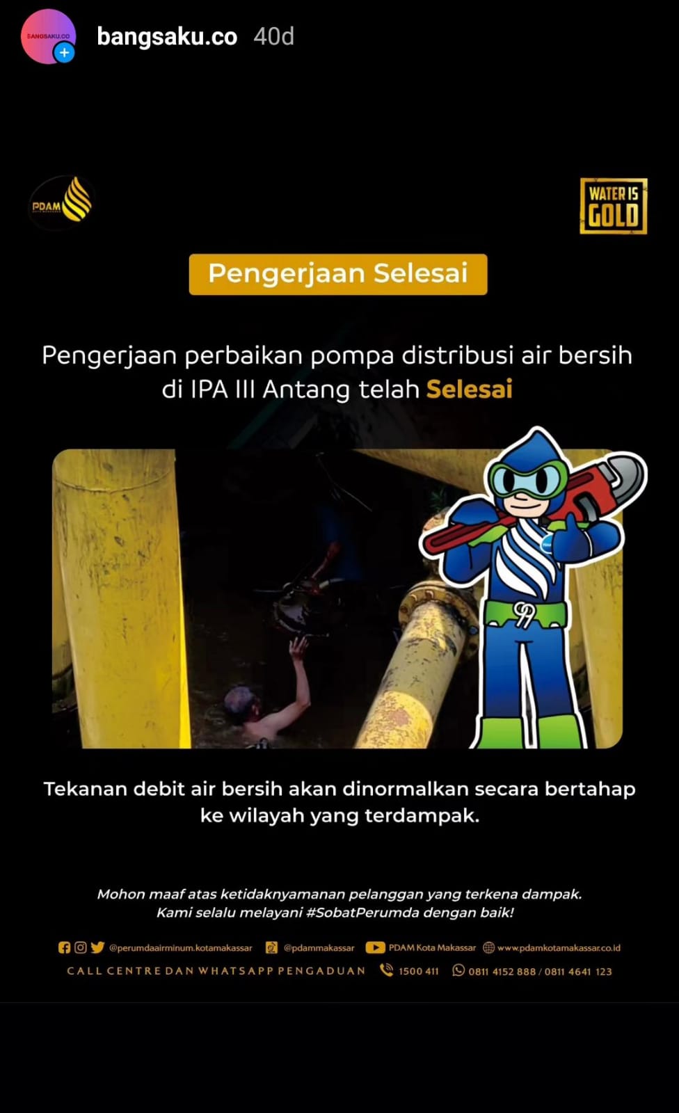 Pengerjaan Pompa di IPA III Antang Selesai Lebih Cepat, PDAM Makassar: Tekanan Debit Air Bersih Akan Kembali Dinormalkan 
