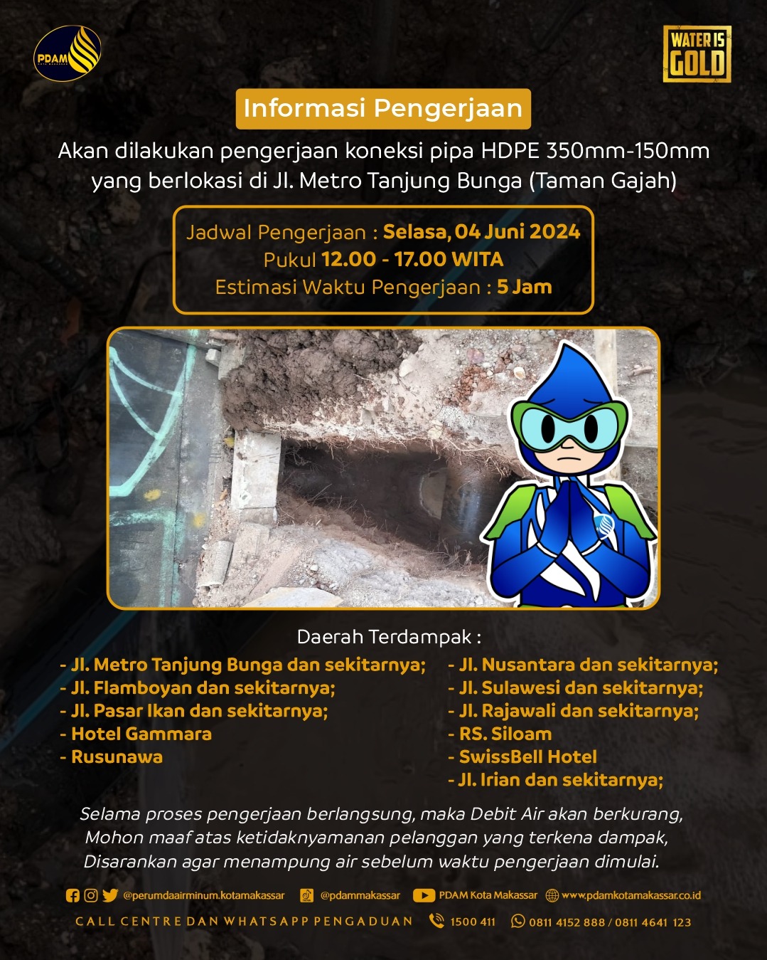 Pengerjaan Koneksi Pipa HDPE di Metro Tanjung Bunga, PDAM Makassar Mohon Maaf Kepada Pelanggan yang Terdampak