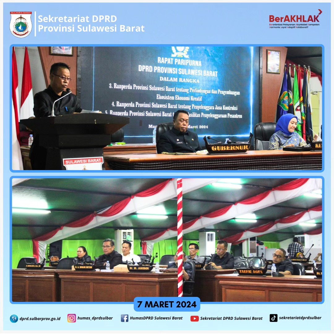 Anggota Dewan Taufiq Agus Hadiri Paripurna DPRD Sulbar Pembahasan Lima Ranperda