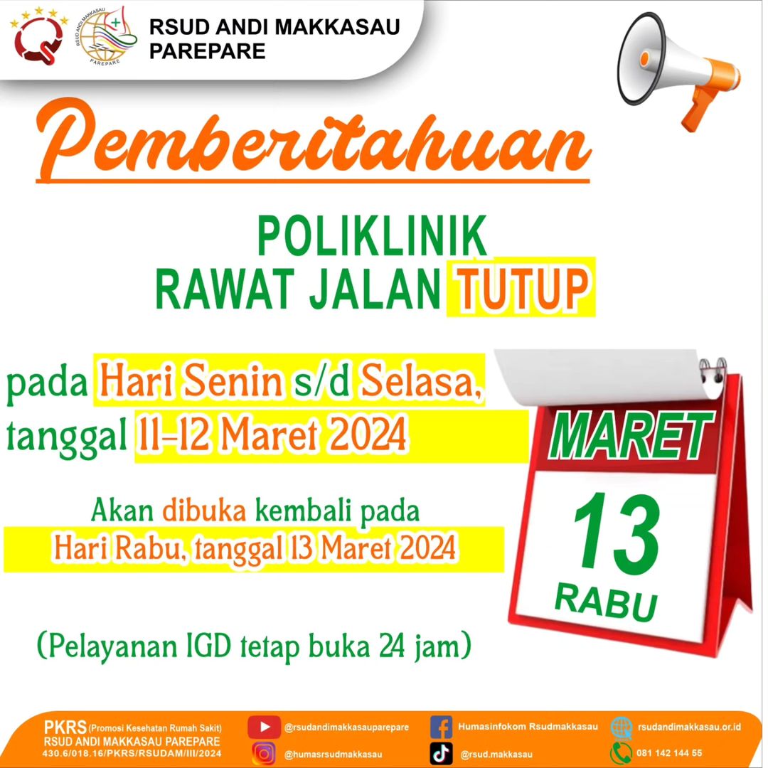 RSUD Andi Makkasau Umumkan Poli Rawat Jalan Tutup pada 11-12 Maret, Buka Kembali 13 Maret
