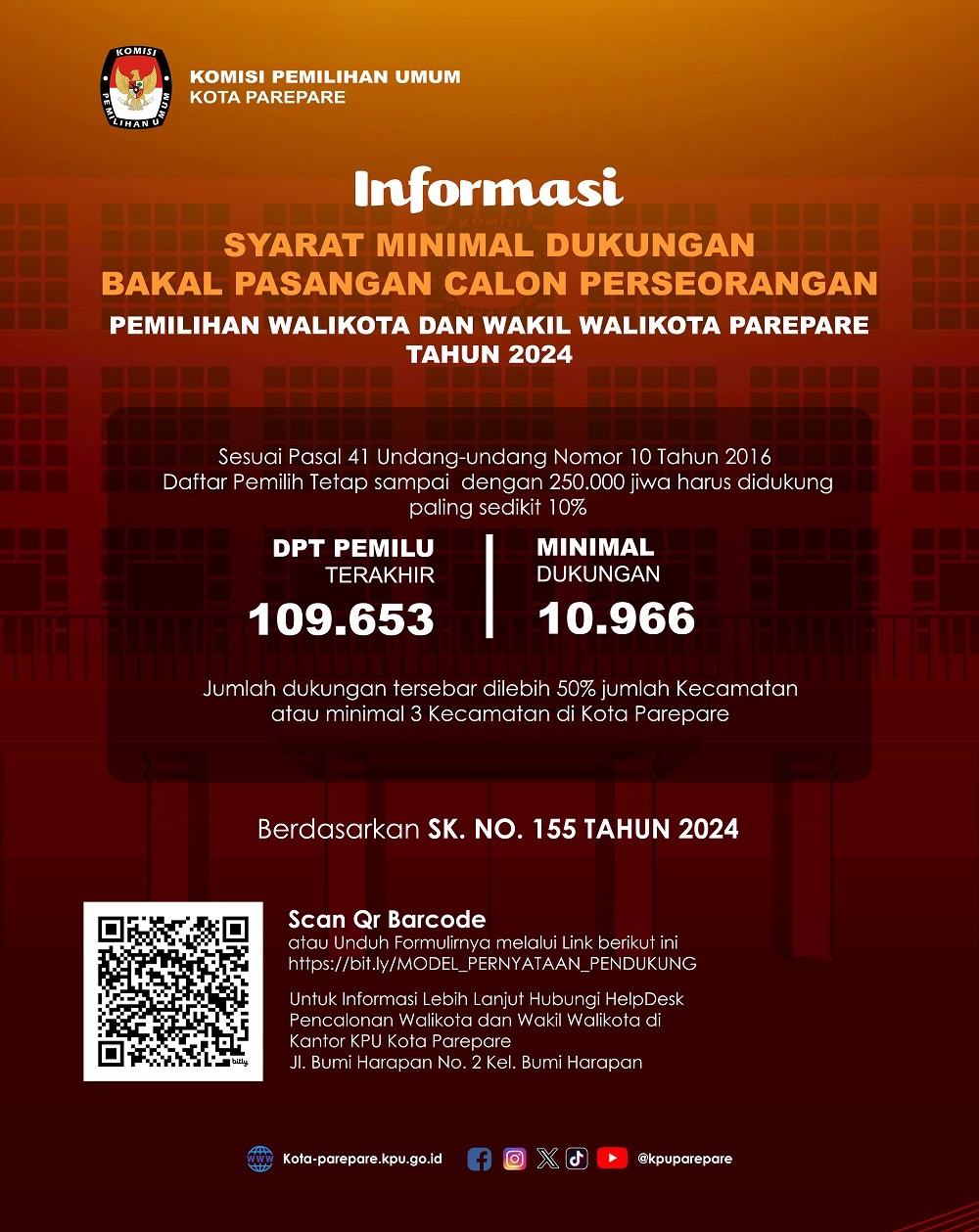 KPU Parepare Umumkan Syarat Minimal Dukungan Bakal Pasangan Calon Perseorangan Pilkada 2024