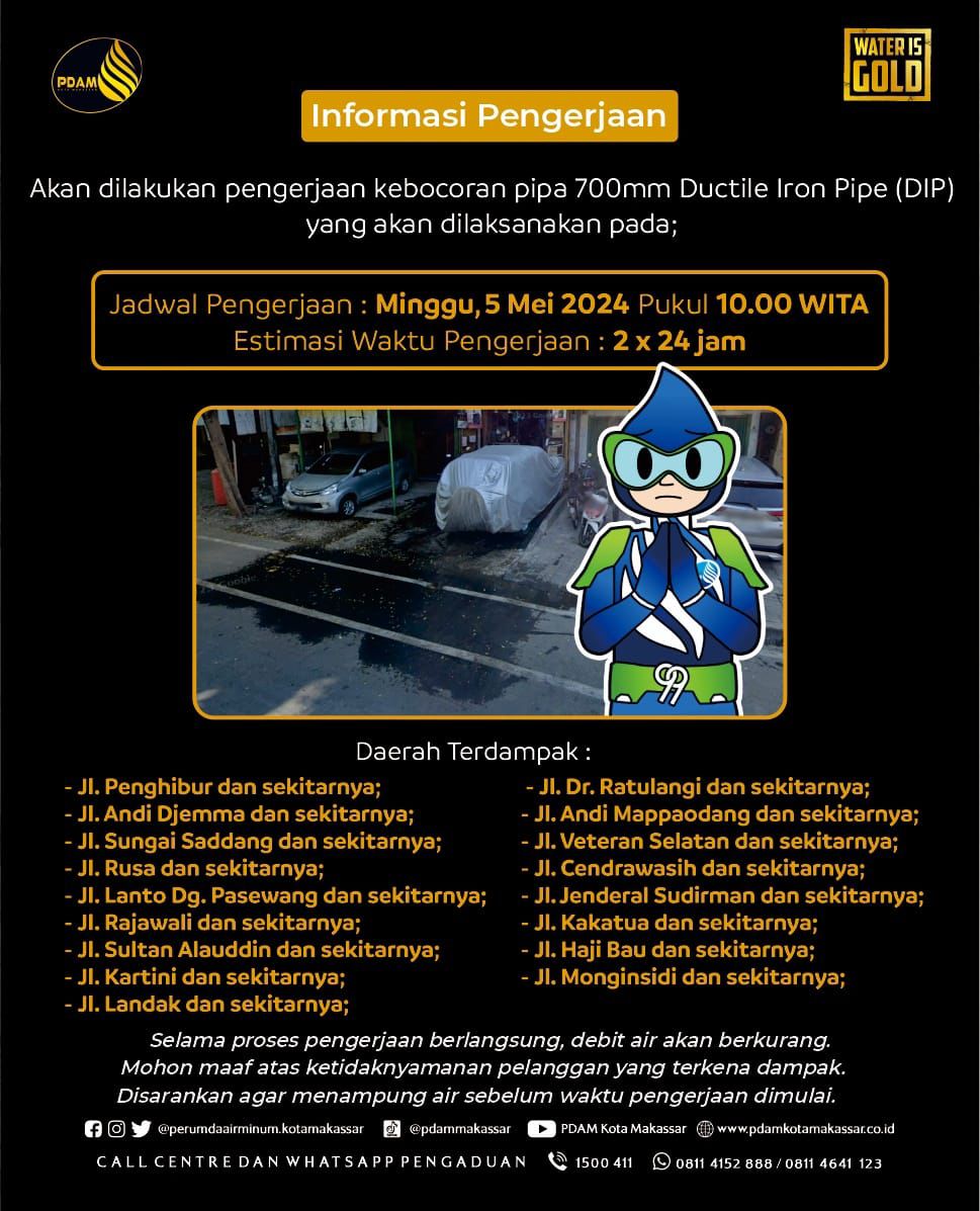 Alami Kebocoran Pipa di Pertigaan Ratulangi-Mappaodang, PDAM Makassar Sampaikan Permohonan Maaf dan Sarankan Pelanggan Tampung Air