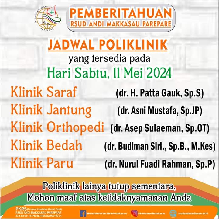 RSUD Andi Makkasau Umumkan Lima Poliklinik Tersedia pada 11 Mei