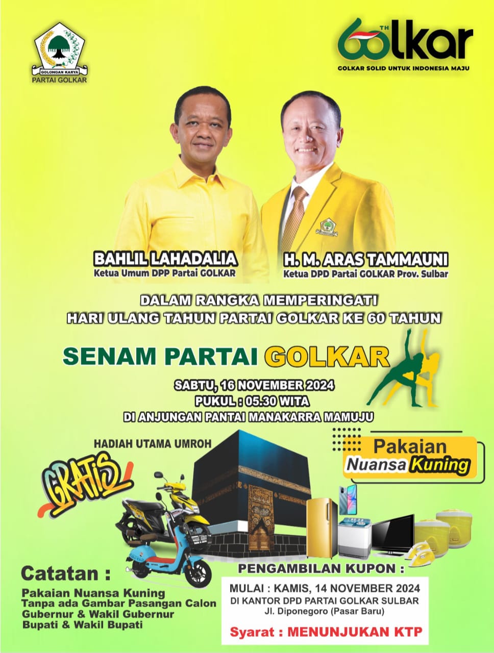 Golkar Sulbar Gelar Senam Sehat di Anjungan Pantai Manakarra Besok, Hadiah Utama Dua Paket Umroh