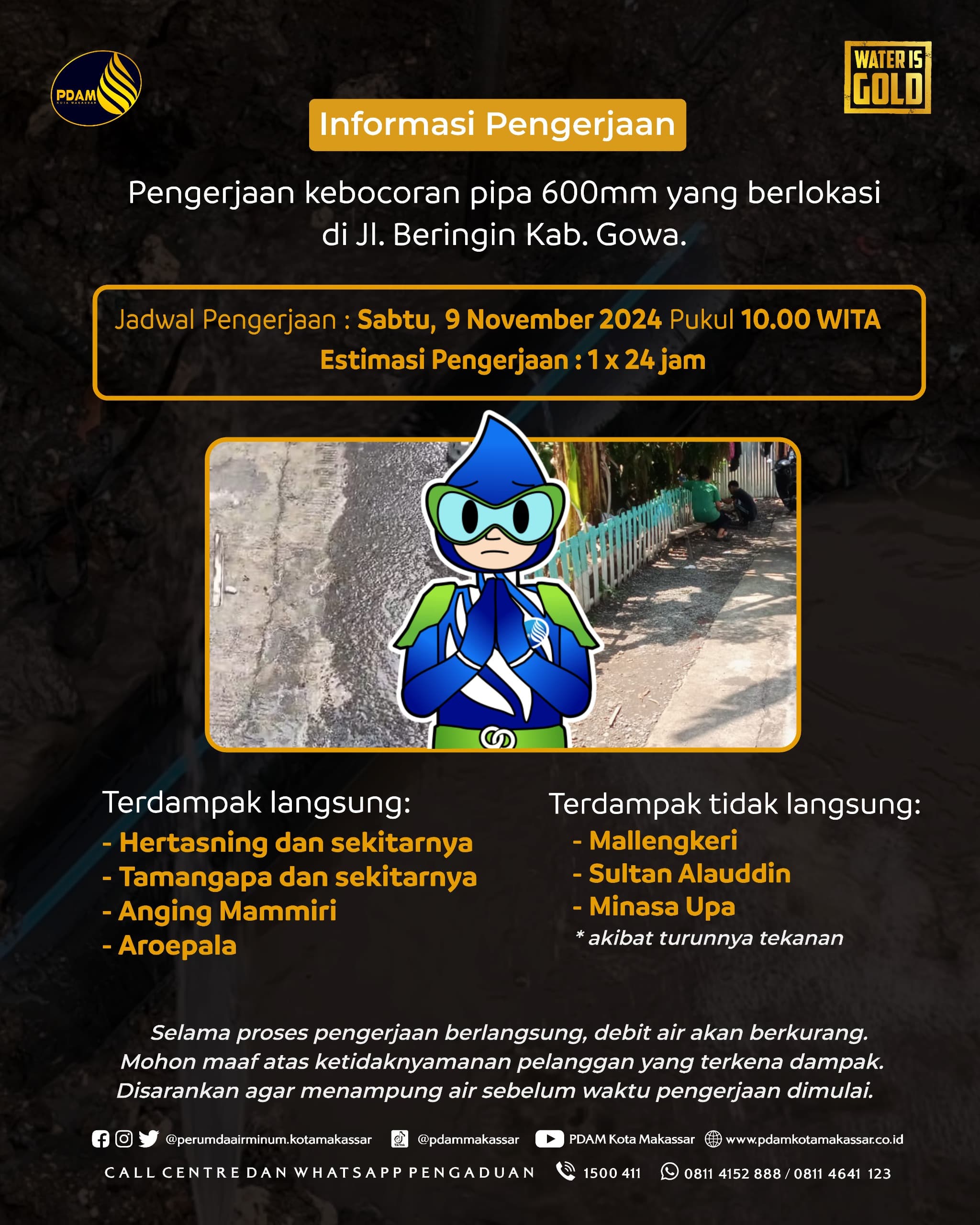 Ada Kebocoran Pipa di Gowa, PDAM Makassar Lakukan Pengerjaan Sabtu Pagi dengan Estimasi 24 Jam