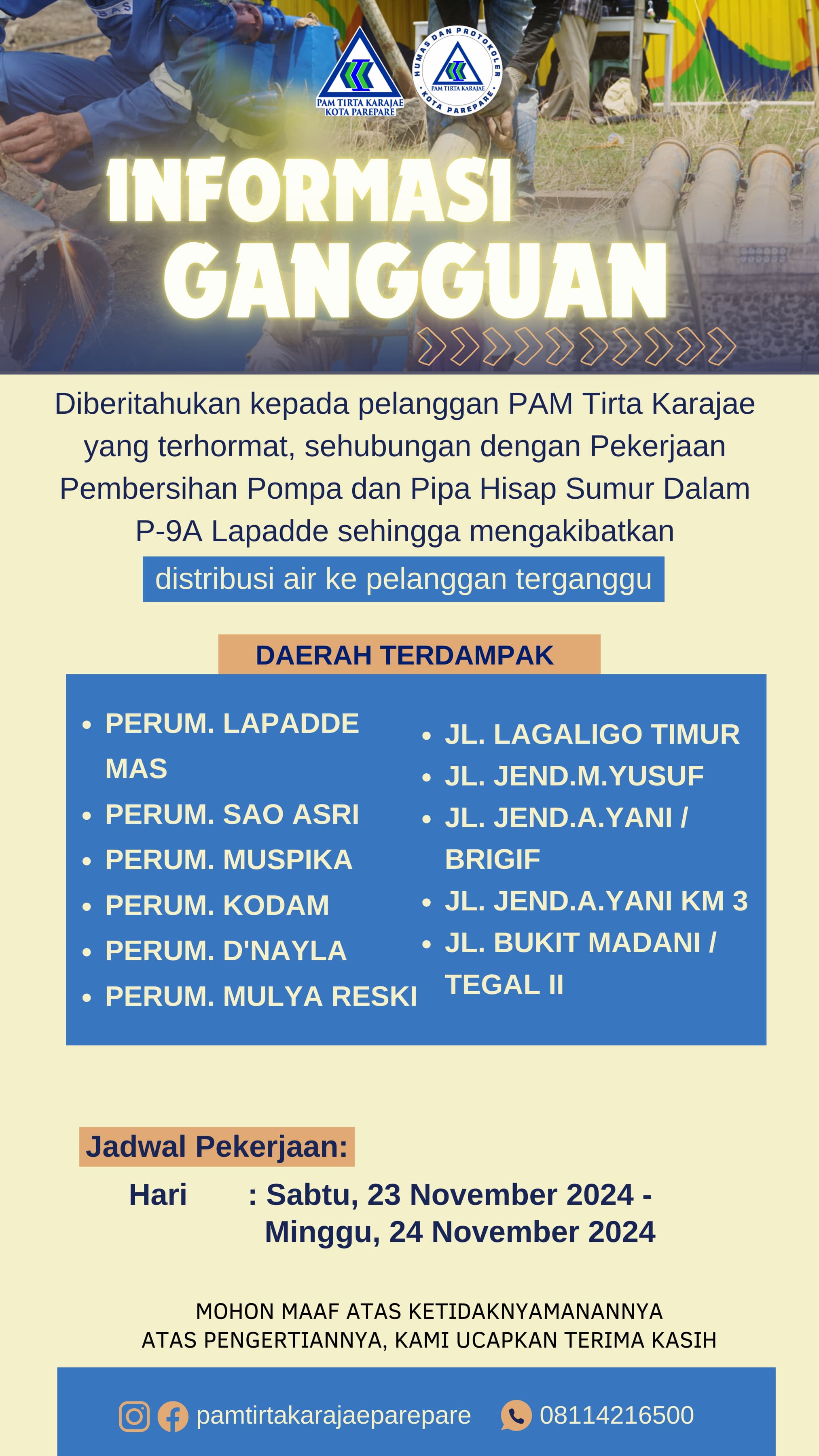PAM Tirta Karajae Umumkan Gangguan Distribusi Air Selama Dua Hari 23-24 November 