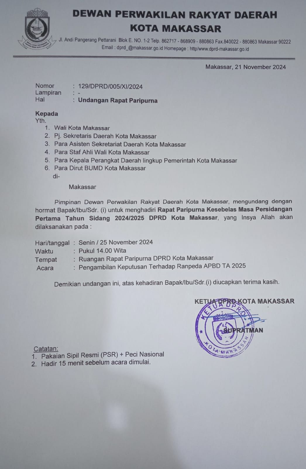 Besok DPRD Makassar Gelar Rapat Pengambilan Keputusan Terhadap Ranperda APBD 2025