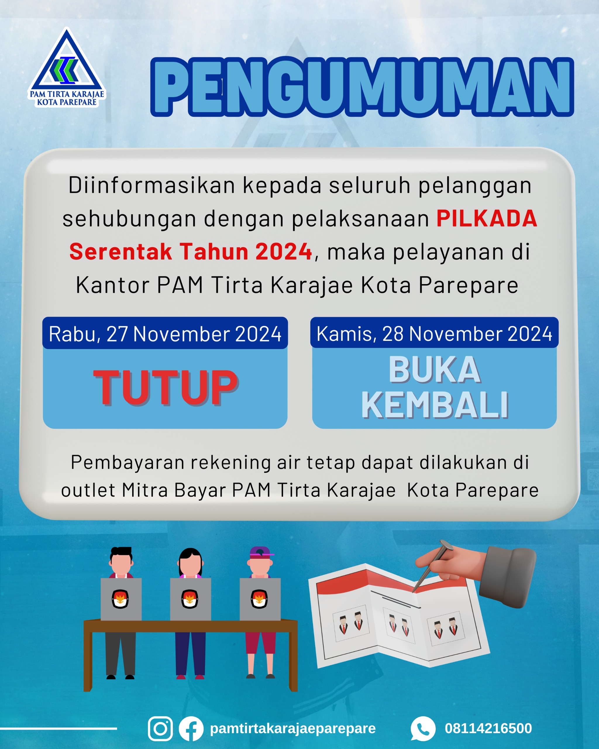 Pilkada Serentak, Pelayanan PAM Tirta Karajae Tutup 27 November, Kembali Buka 28 November
