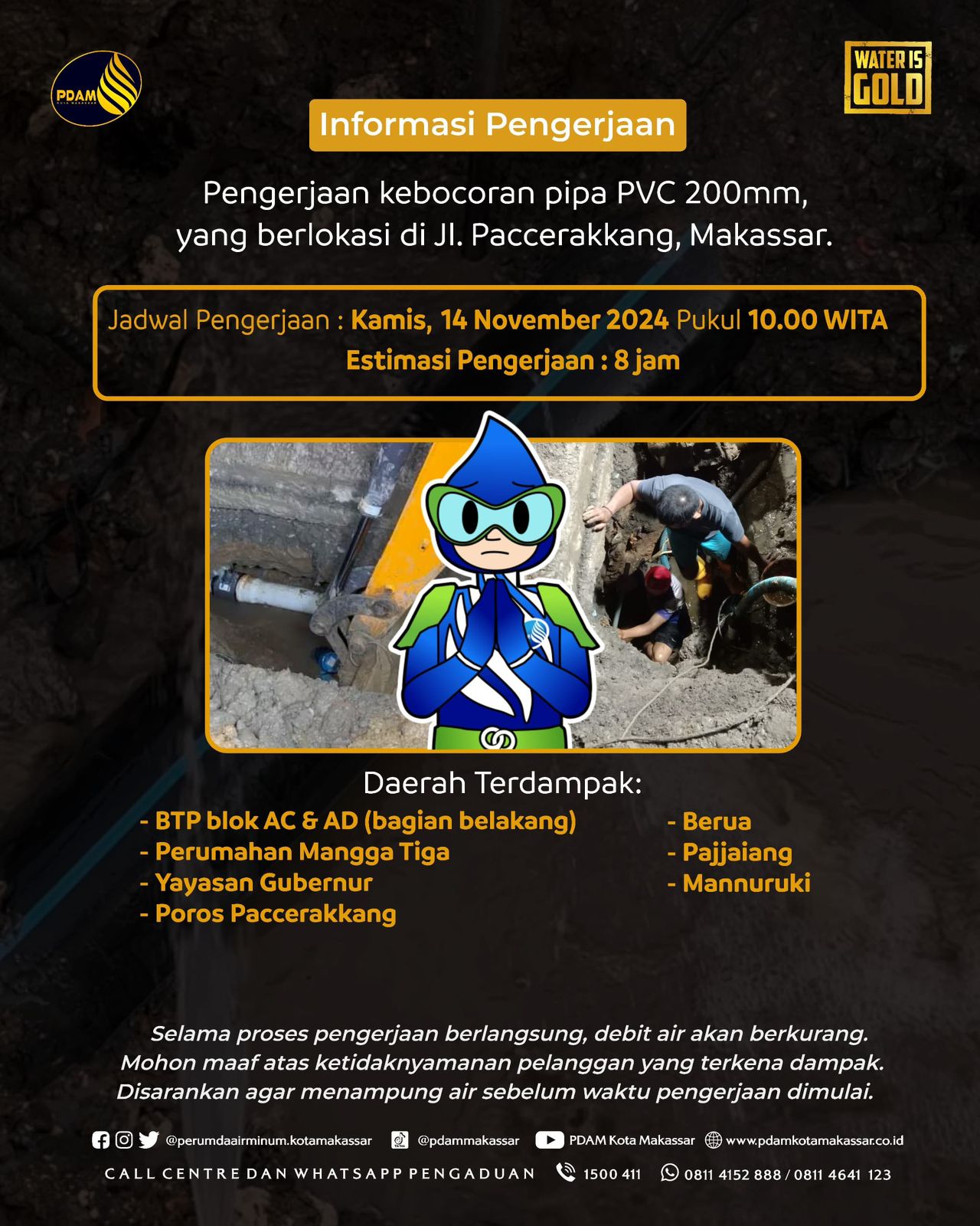Ada Kebocoran Pipa di Paccerakkang, PDAM Makassar Lakukan Pengerjaan dengan Estimasi Waktu 8 Jam