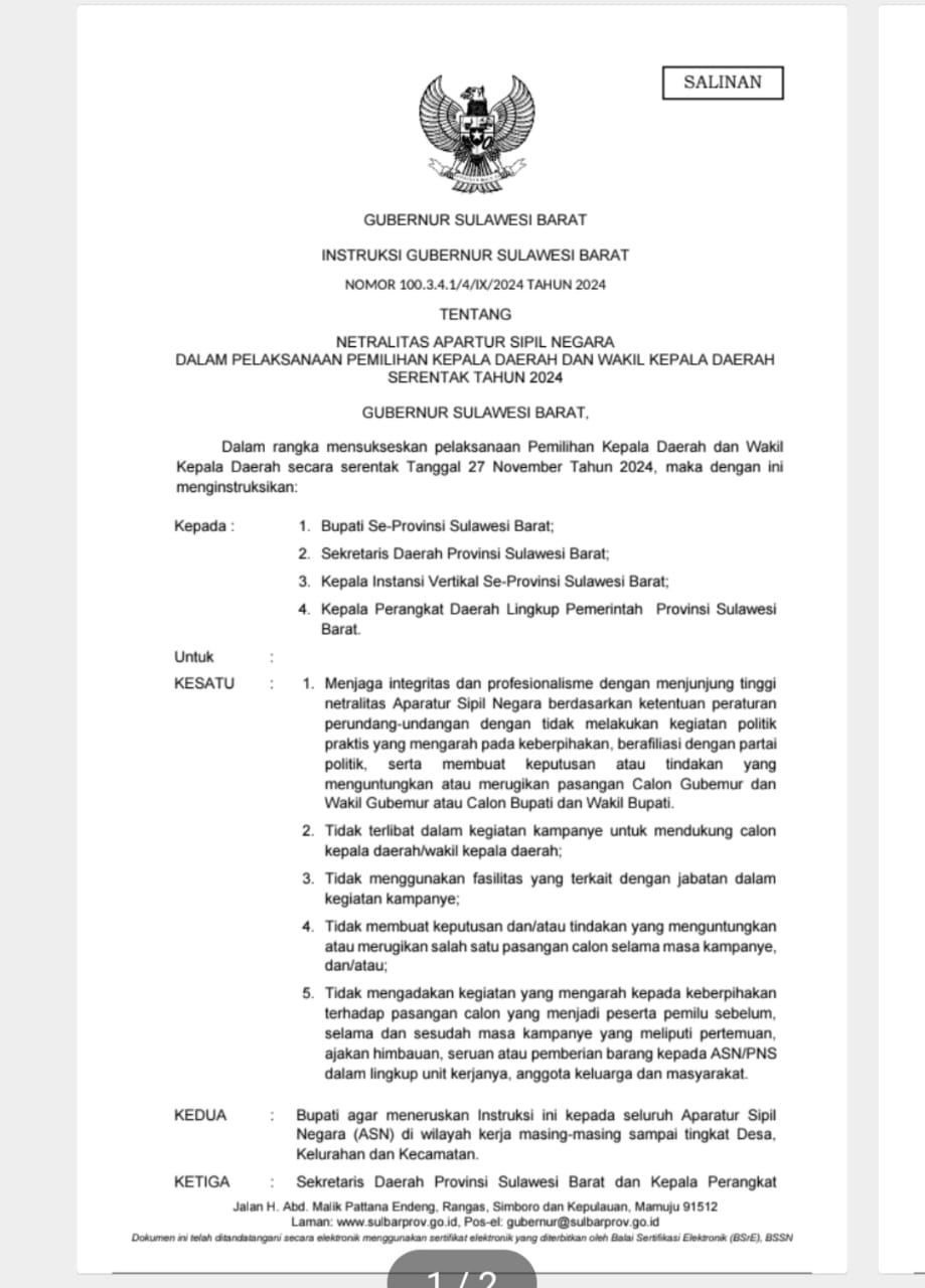 Pj Gubernur Sulbar Keluarkan Instruksi, Penegasan Netralitas ASN pada Pilkada Serentak 2024