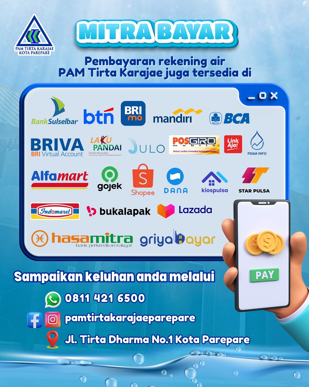 Lebih Mudah dan Cepat, Bayar Rekening Air PAM Tirta Karajae Lewat Online dan Beragam Mitra Bayar 