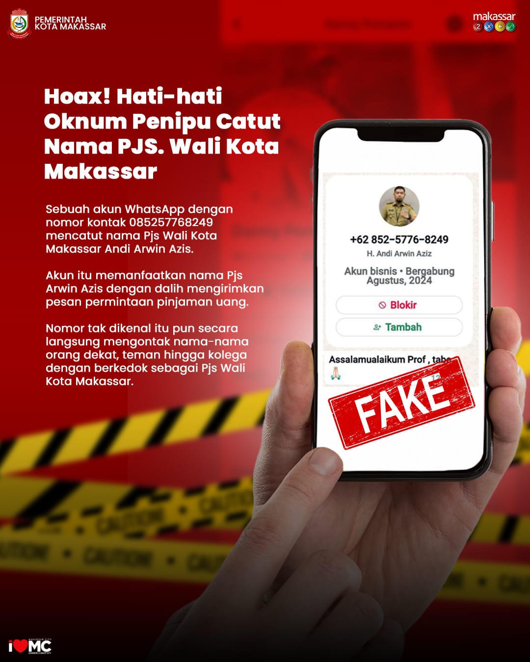 Hati-hati! Akun WhatsApp Catut Nama Pjs Wali Kota Makassar Arwin Azis Beredar, Modus Pinjam Uang