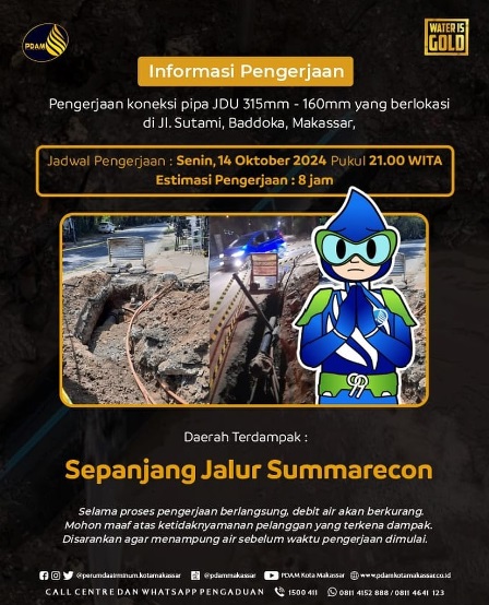 PDAM Makassar Lakukan Pengerjaan Koneksi Pipa, Sepanjang Jalur Summarecon Terdampak