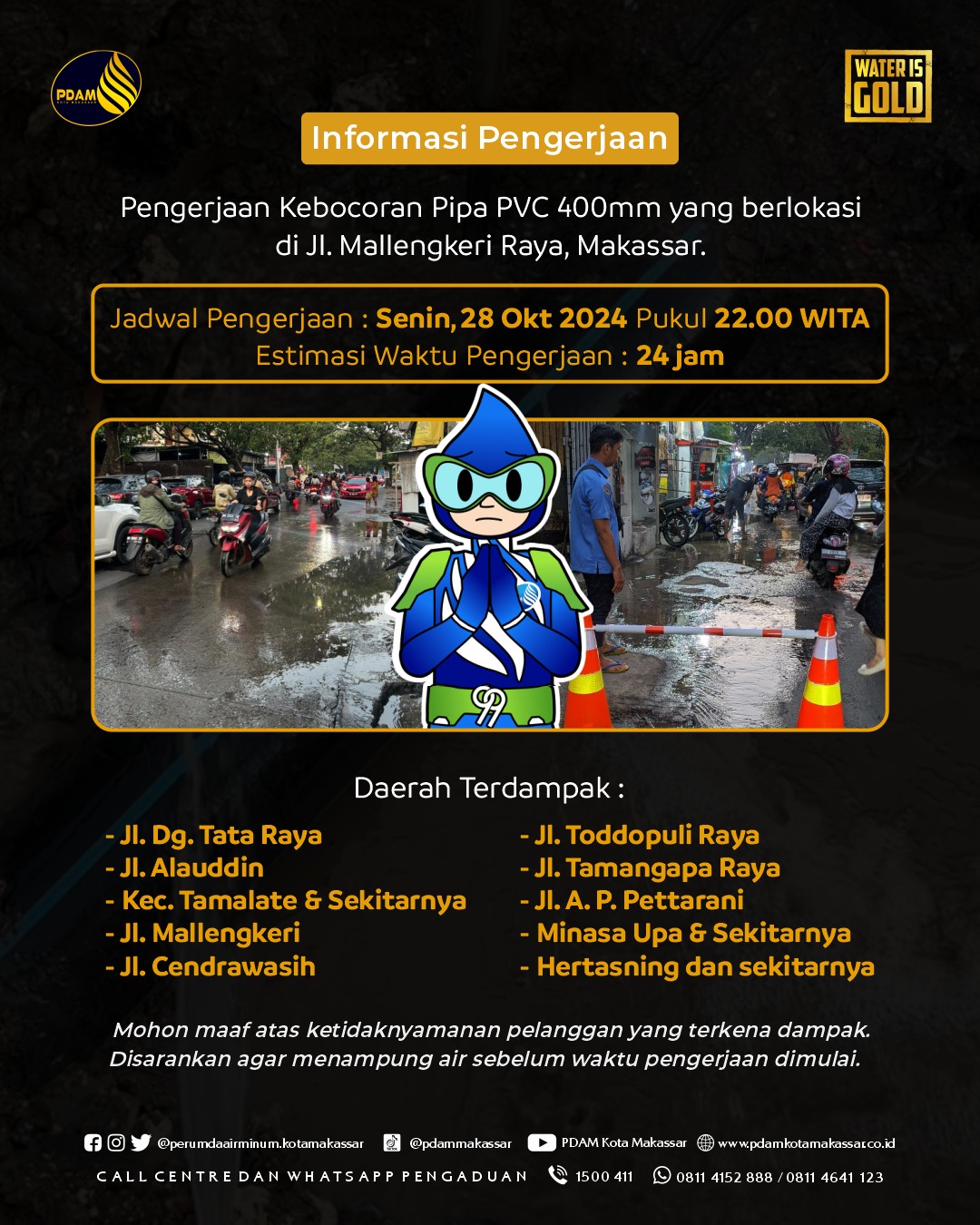 PDAM Makassar Lakukan Pengerjaan Kebocoran Pipa di Malengkeri Raya Malam Ini