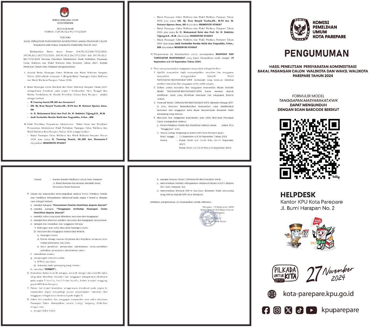 KPU Parepare Umumkan Hasil Penelitian Persyaratan Administrasi Bapaslon Wali Kota-Wawali Parepare 2024