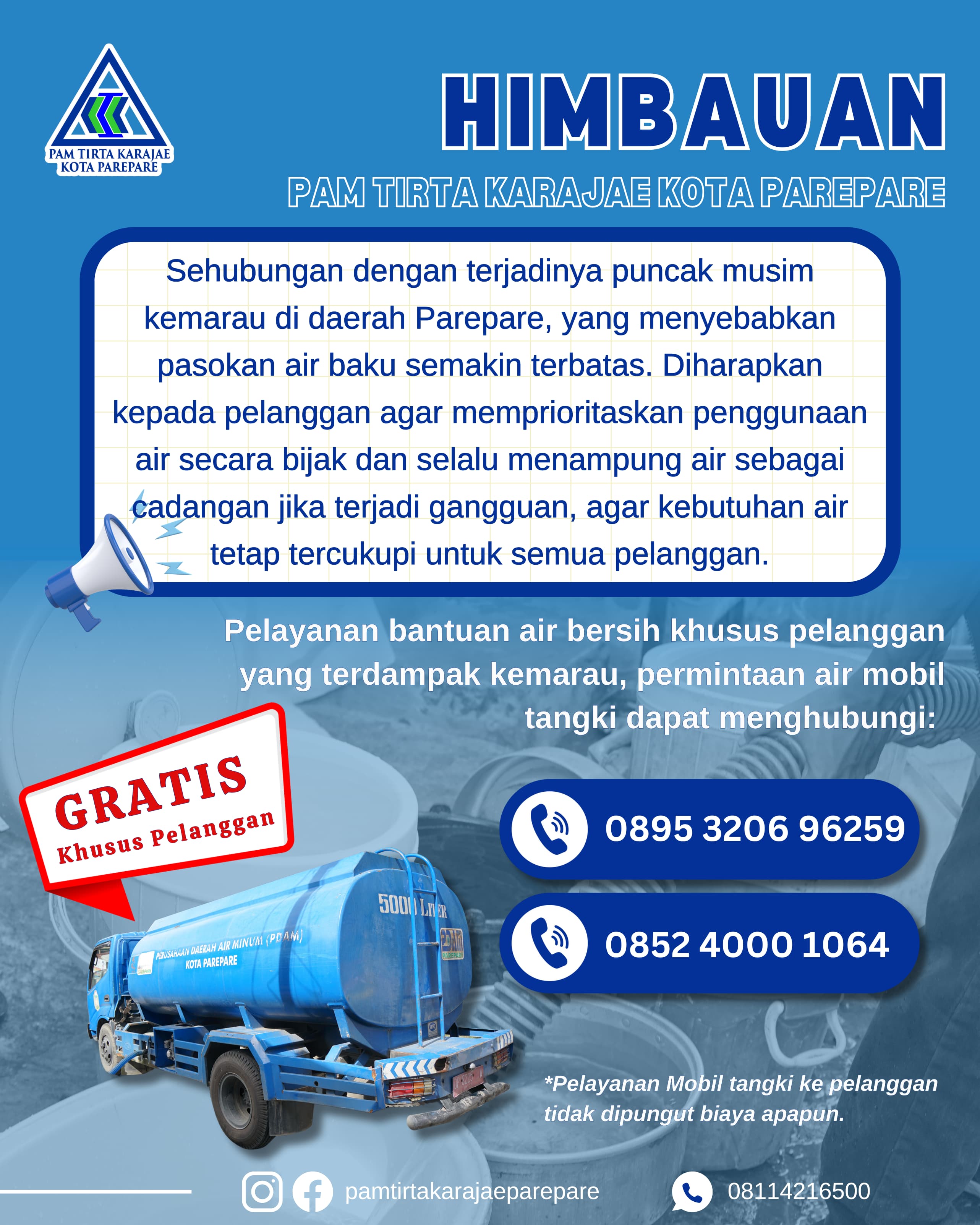 Musim Kemarau, PAM Tirta Karajae Minta Masyarakat Bijak Gunakan Air, Siapkan Layanan Bantuan Air Gratis Bagi Pelanggan