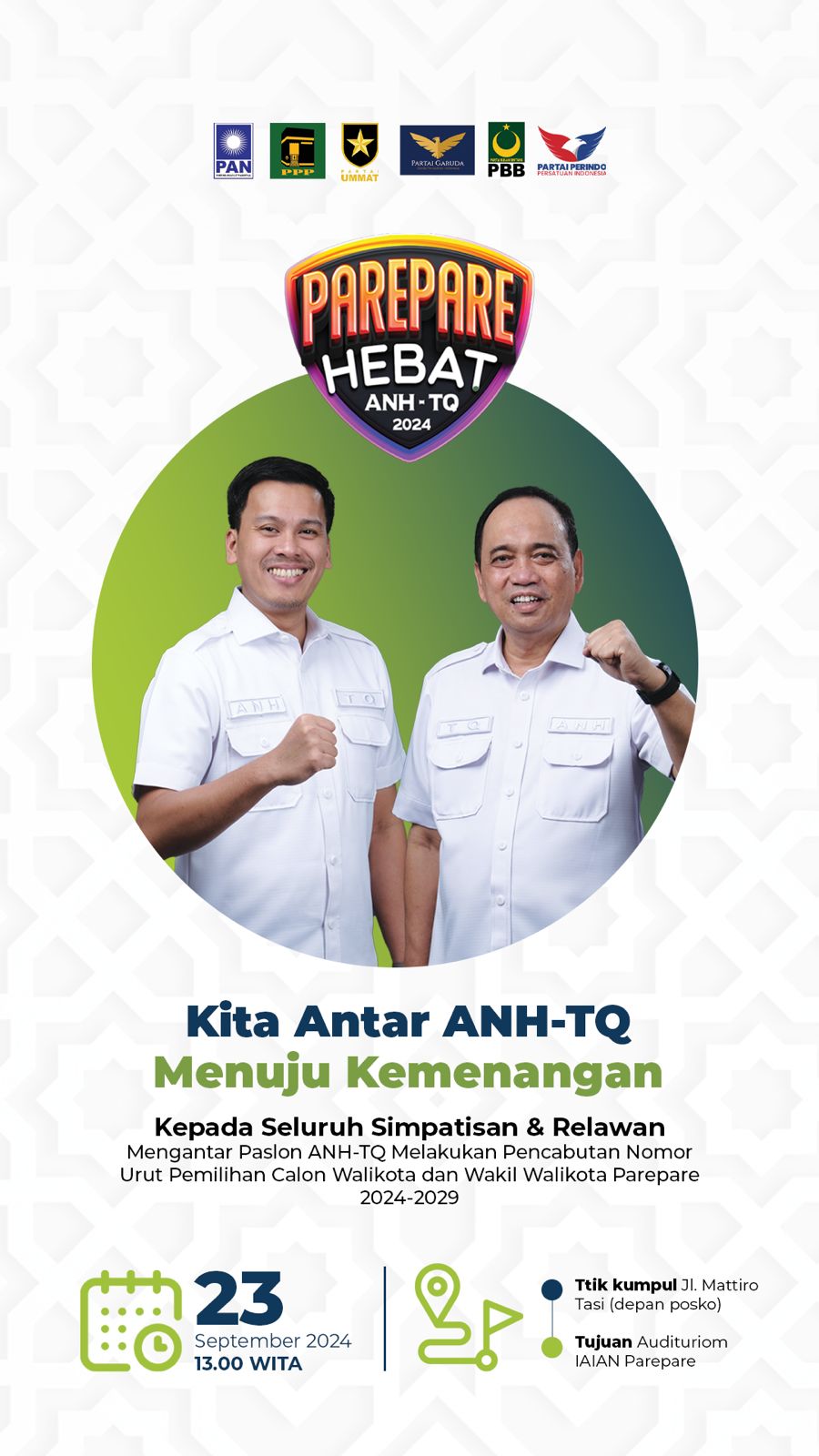 Menuju Kemenangan, Paslon Parepare Hebat ANH-TQ Diantar Ratusan Simpatisan dan Relawan ke Lokasi Pengundian Nomor Urut