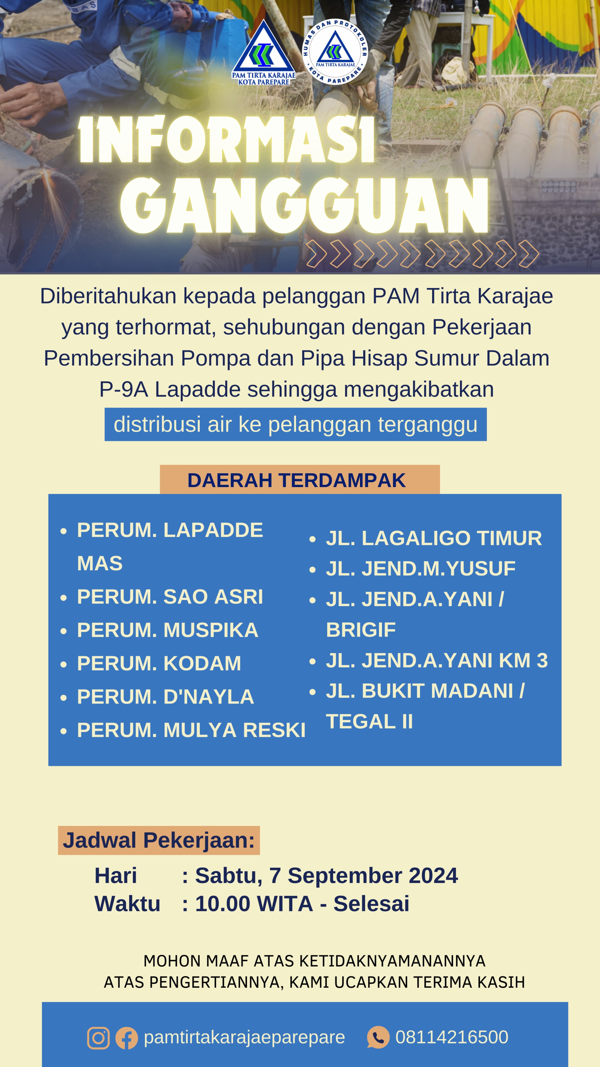 PAM Tirta Karajae Umumkan Gangguan Distribusi Air ke Pelanggan Akibat Pembersihan Pompa