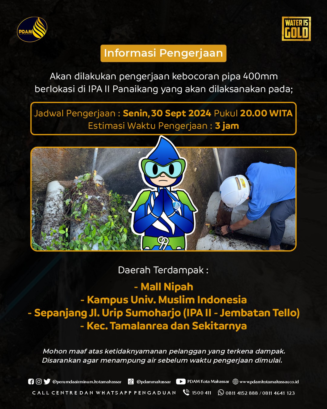 Ada Kebocoran Pipa di IPA II Panaikang, PDAM Makassar Lakukan Pengerjaan Malam Ini Mulai Pukul 20.00 Wita