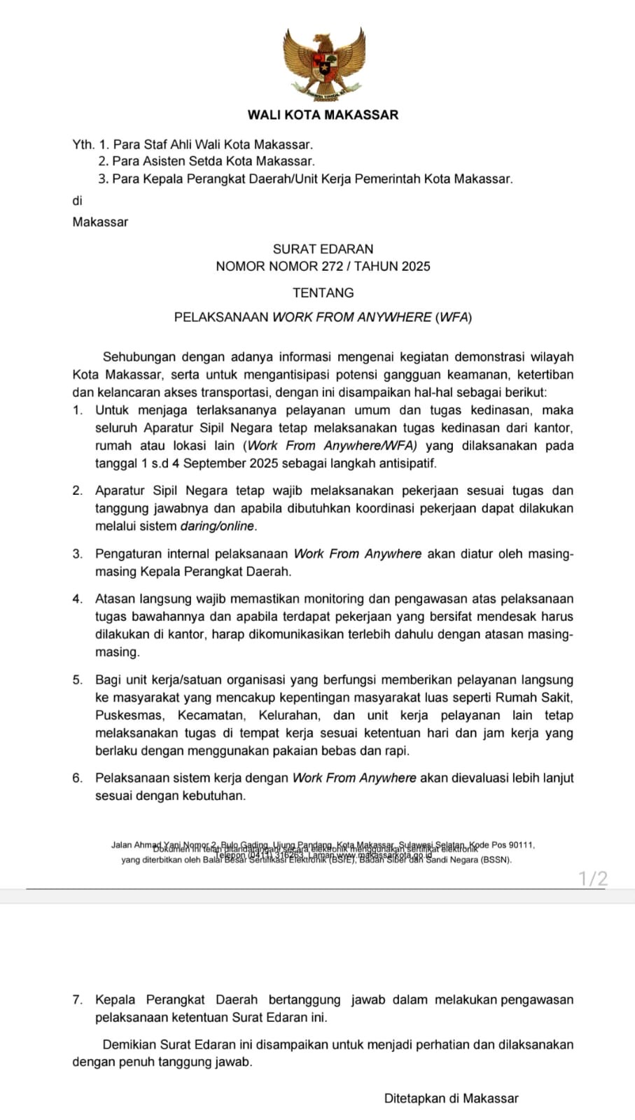 1–4 September 2025, Pemkot Makassar Berlakukan WFA bagi Pegawai, Murid TK-SD-SMP Belajar secara Daring