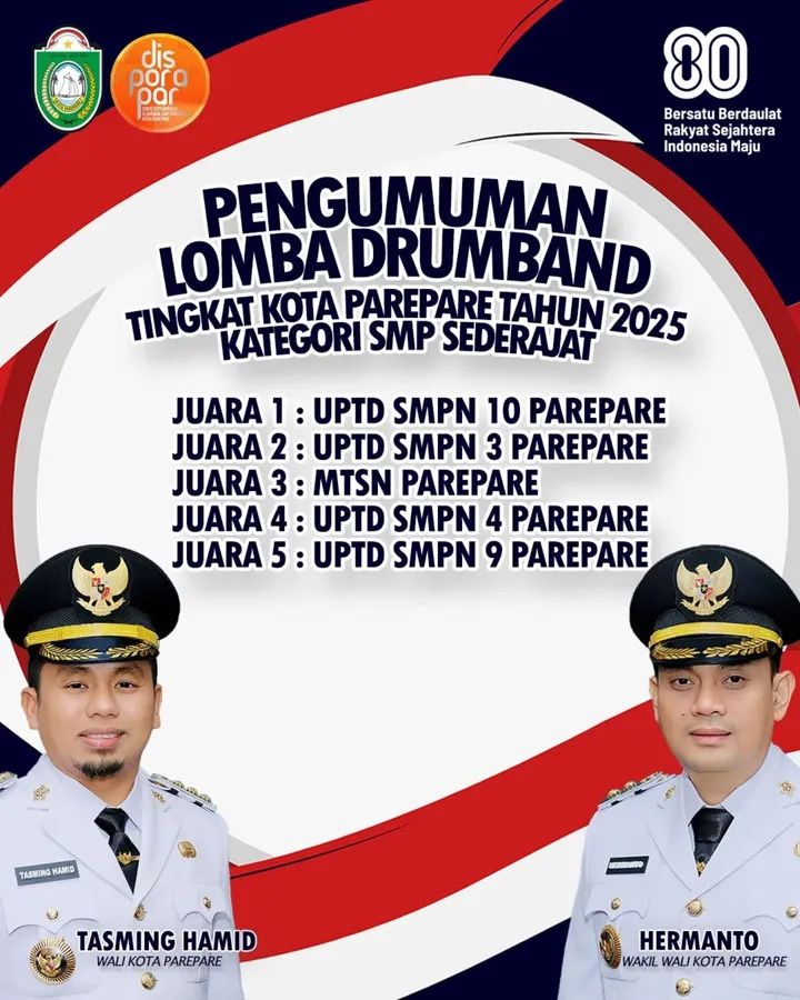 Panen Prestasi HUT Kemerdekaan, SMPN 10 Parepare Juara 1 Lomba Drum Band 