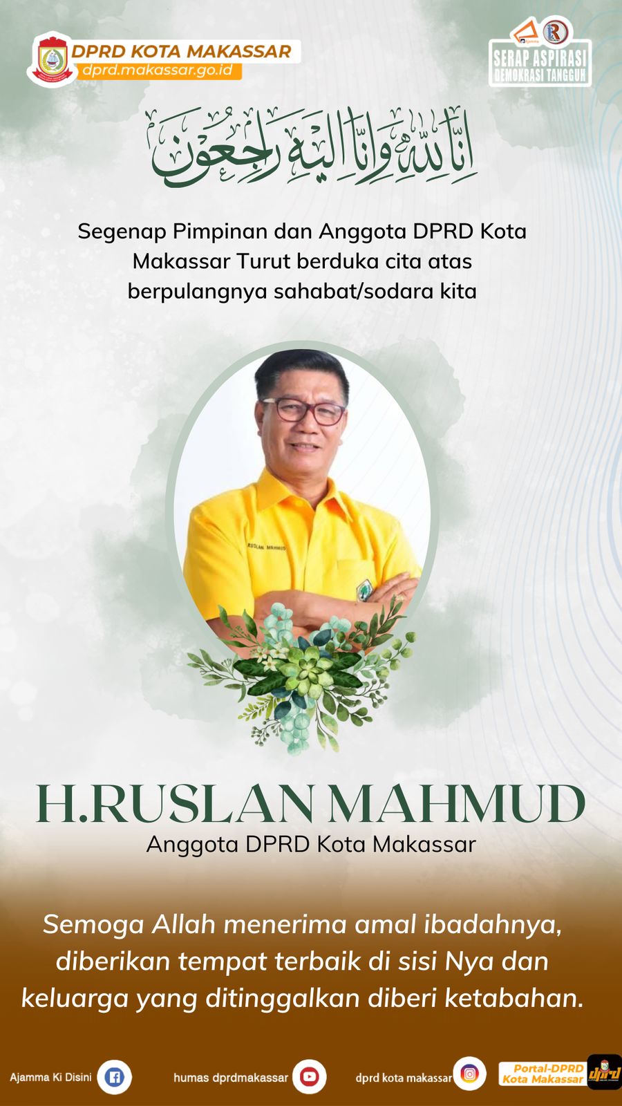 DPRD Makassar Berduka, Wakil Ketua Komisi A Ruslan Mahmud Meninggal Dunia