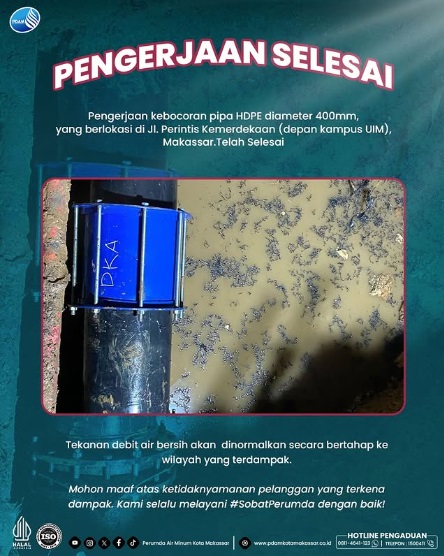 Pengerjaan Kebocoran Pipa di Depan Kampus UIM Selesai, PDAM Makassar Mohon Maaf Kepada Pelanggan yang Terdampak