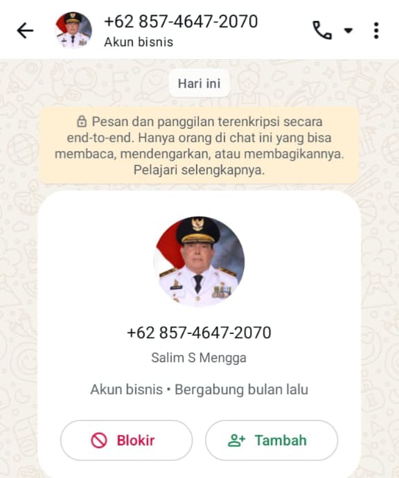 Waspada! Akun Palsu Wagub Sulbar Menawarkan Bantuan Fiktif di WhatsApp