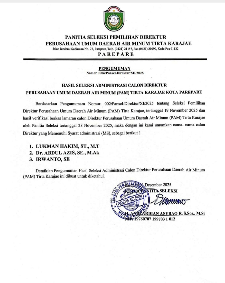 Lolos Seleksi Administrasi, 3 Kandidat Bersaing Jadi Direktur PAM Tirta Karajae 