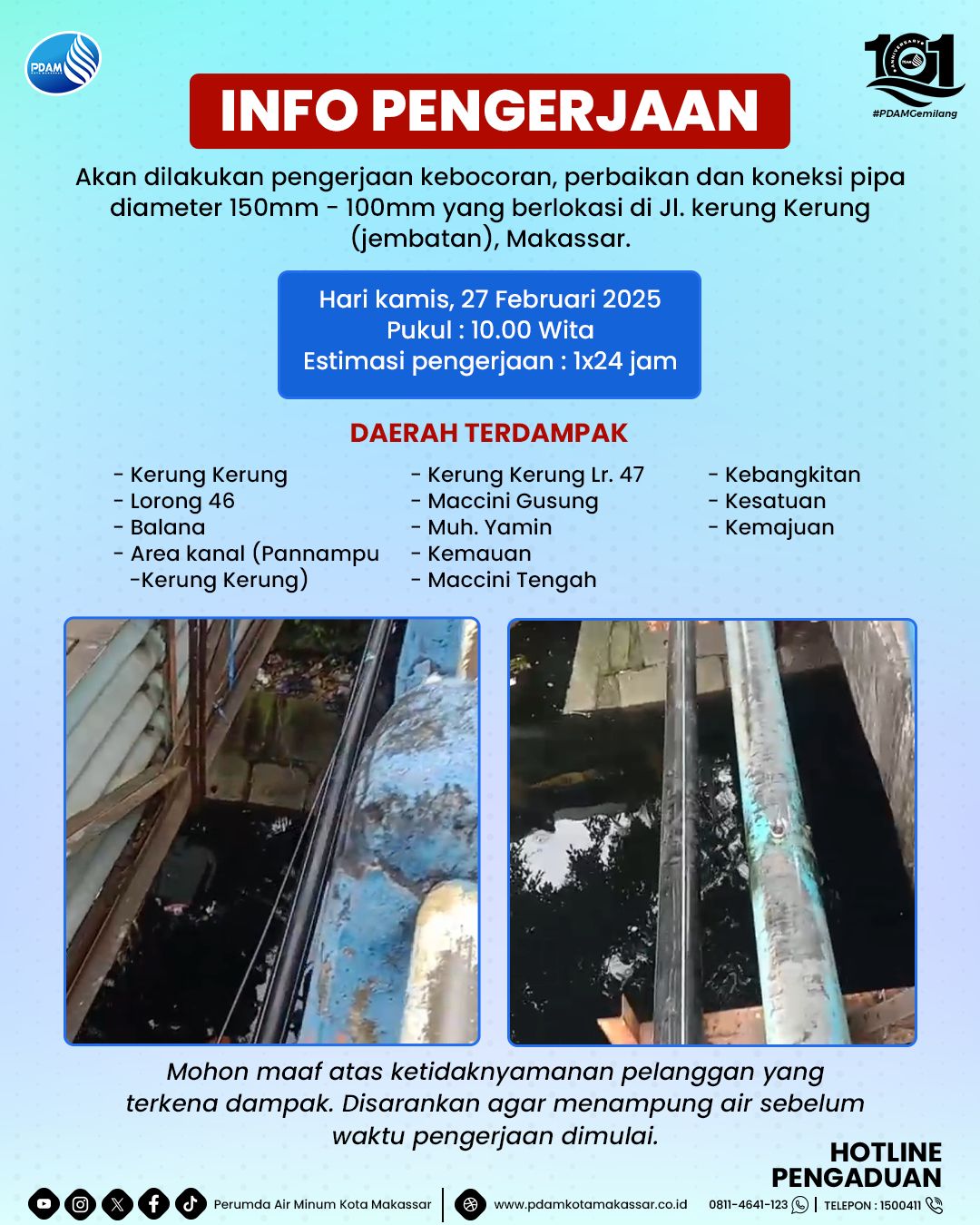 Ada Pengerjaan Kebocoran Pipa di Kerung-kerung Hari Ini, PDAM Makassar Sarankan Pelanggan Terdampak Menampung Air