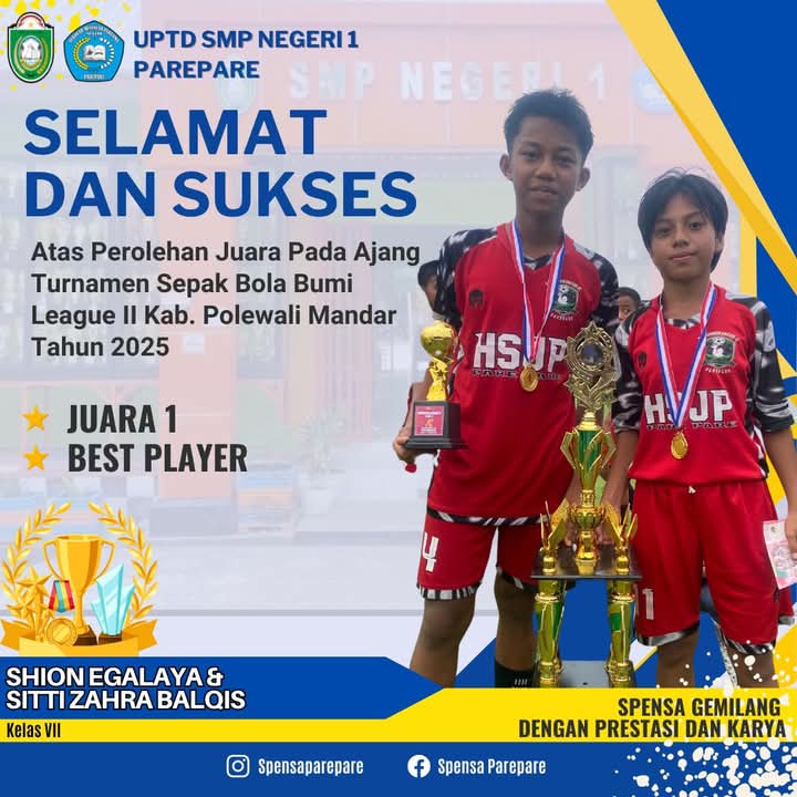 Pelajar SMPN 1 Parepare Jadi Best Player dan Juarai Turnamen Sepak Bola Bumi League II Polman
