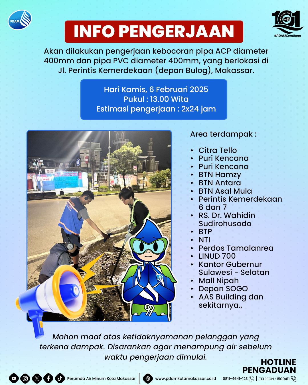 Besok PDAM Makassar Lakukan Pengerjaan Kebocoran Pipa ACP, Citra Tello hingga AAS Building